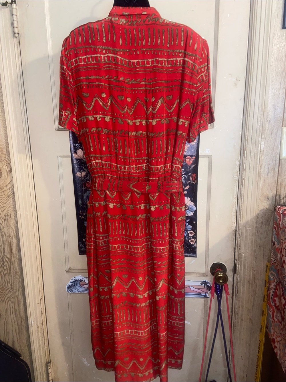 VTG RED & GOLD SILK DRESS Button Front Belted SPENSER JEREMY - Picture 3 of 6